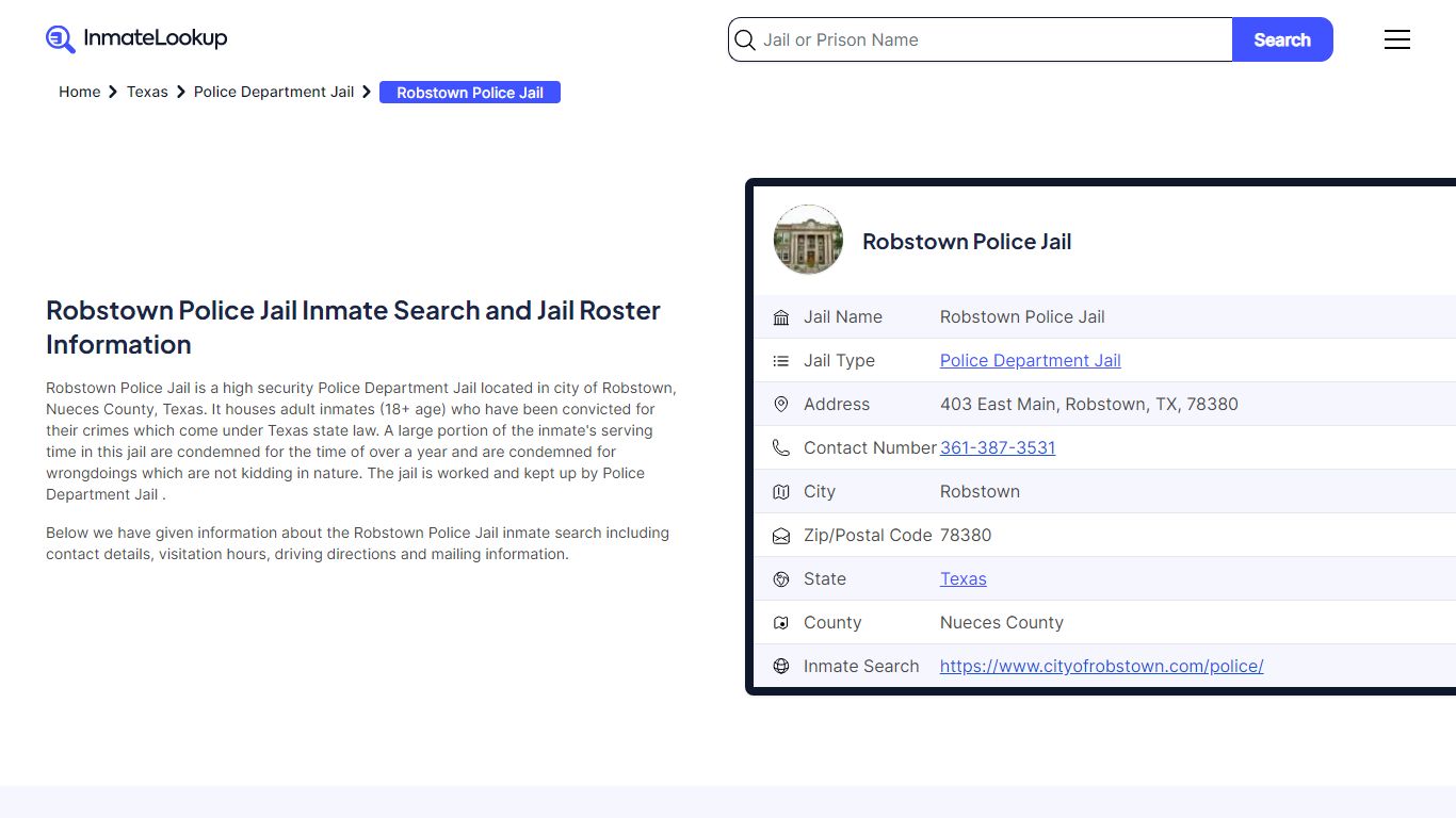 Robstown Police Jail Inmate Search and Jail Roster Information